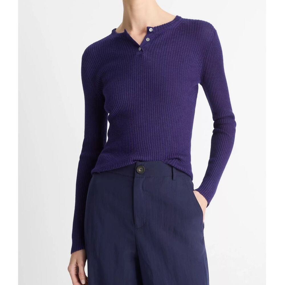 Vince Ribbed Cashmere Silk Henley Sweater in Deep Iris Small